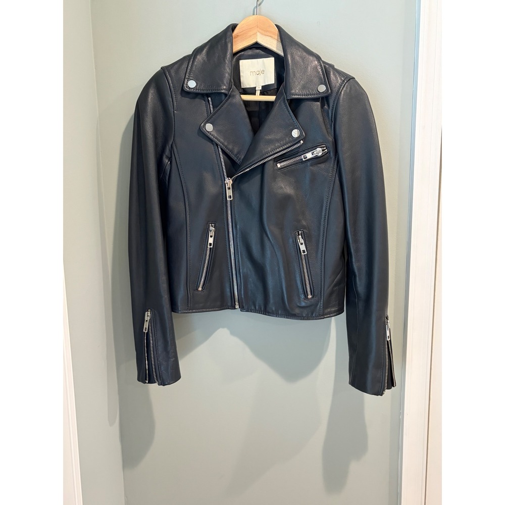 Maje Bexita Nuit Lambskin Leather Moto Biker Jacket Size 36 FR